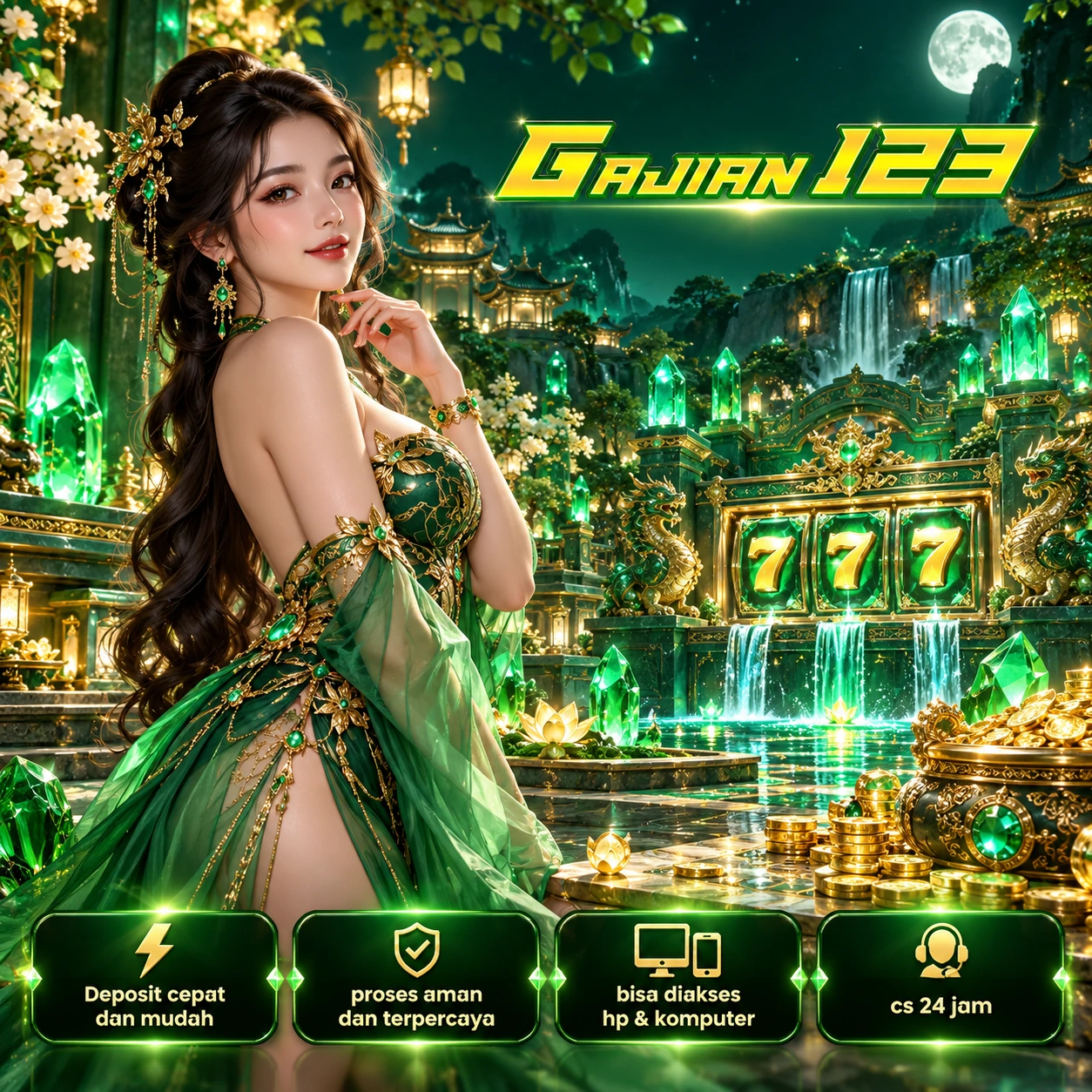 Banner GAJIAN123 bertema hijau-emas dengan karakter headset, robot, dan game di ponsel