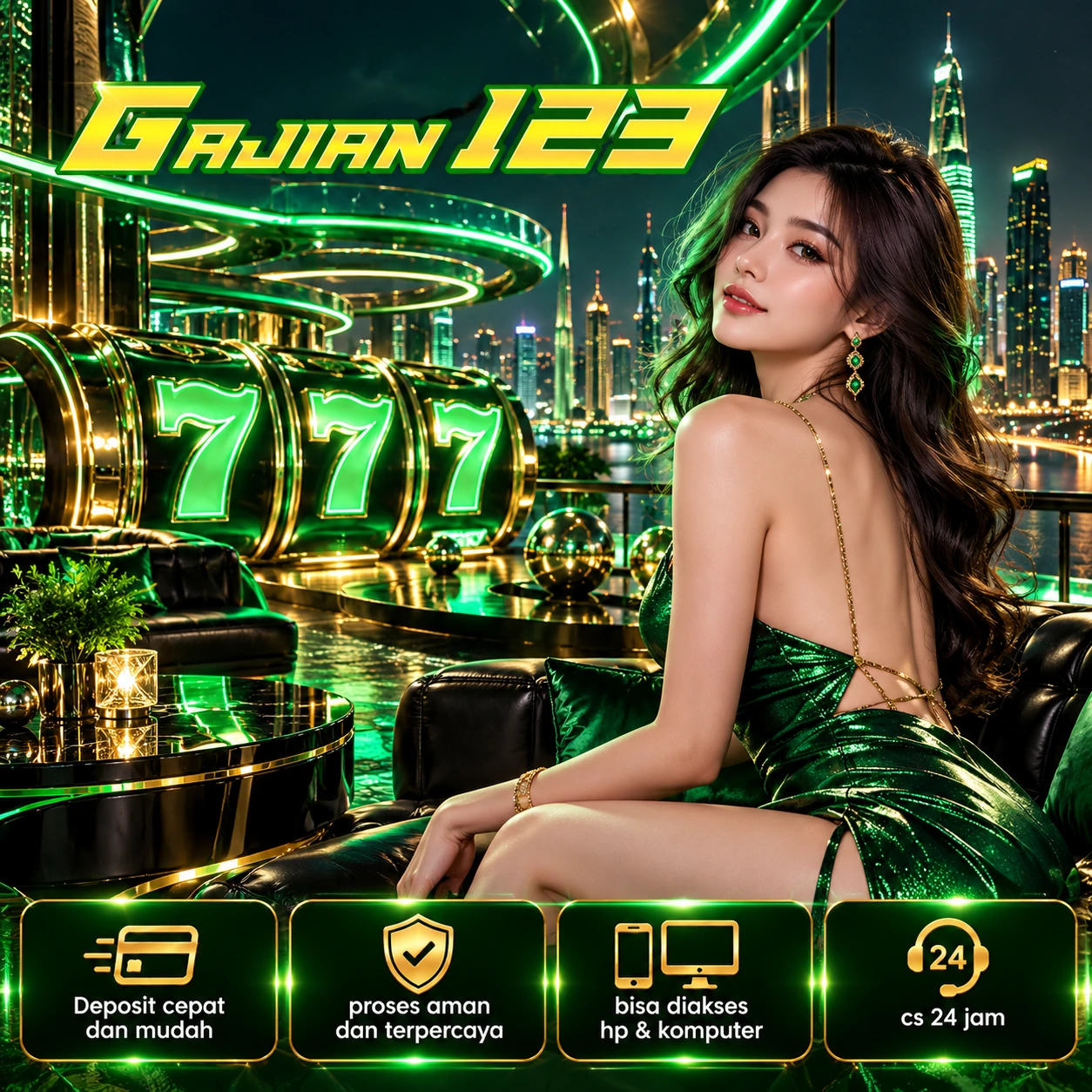 Banner GAJIAN123 berwarna hijau emas dengan karakter, tablet, dan ilustrasi permainan