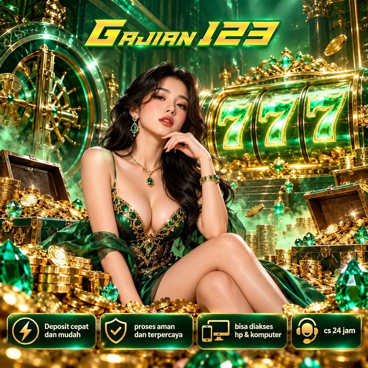 Banner GAJIAN123 bertema futuristik hijau-keemasan dengan karakter elegan dan kilau emas dan layar game